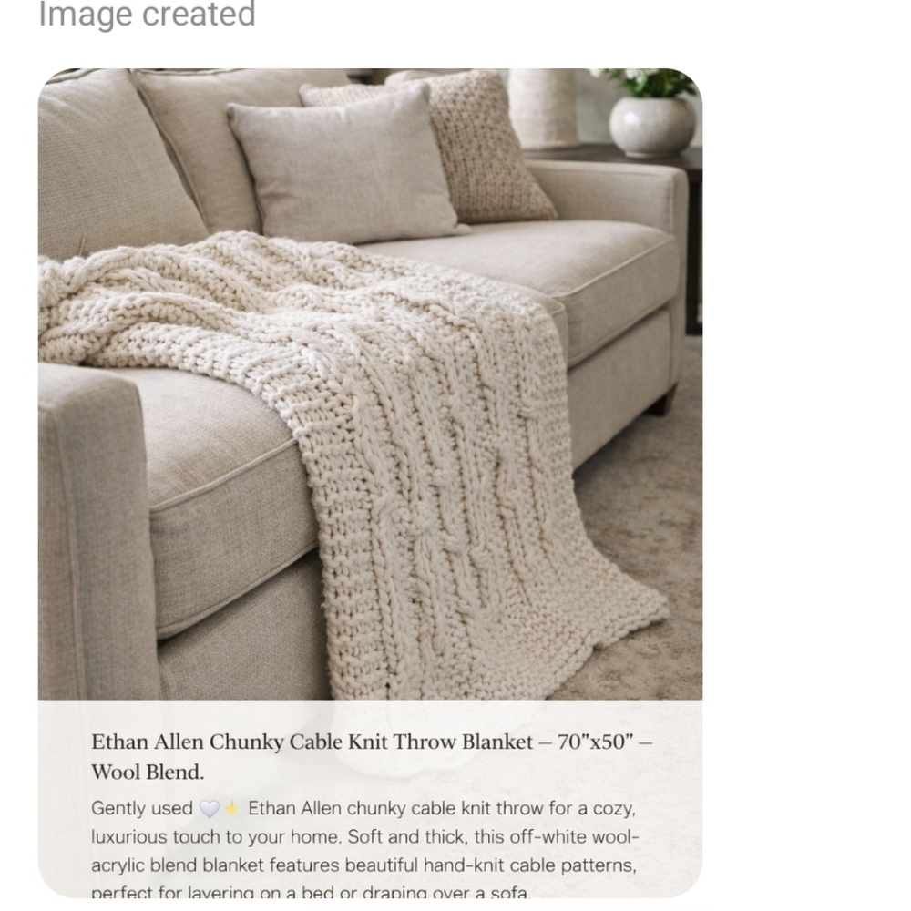 Ethan Allen Chunky Cable Knit Throw 70X50 Wool Blend Cream Color